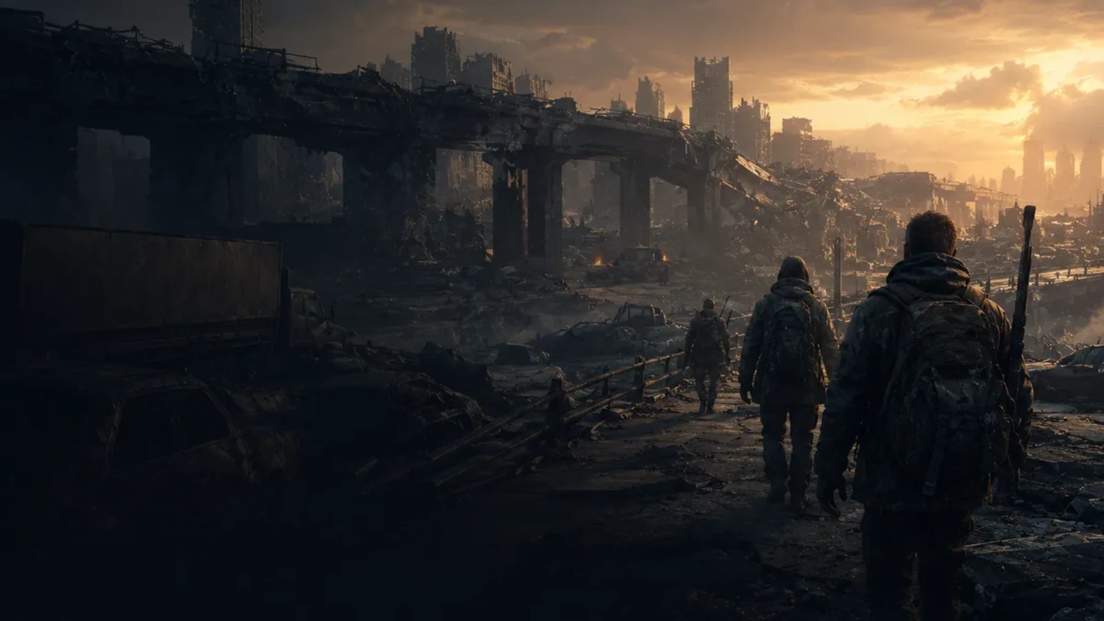 Character Sheet Studios post-apocalyptic survival game world with survivors crossing ruined streets and scarce supplies.