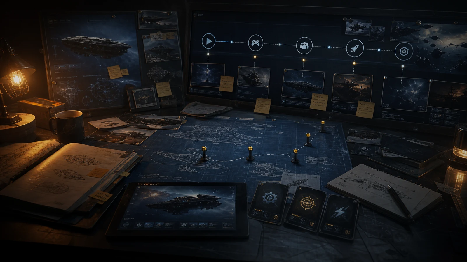 A studio development board showing milestones, ship schematics, route planning, and game prototype work.