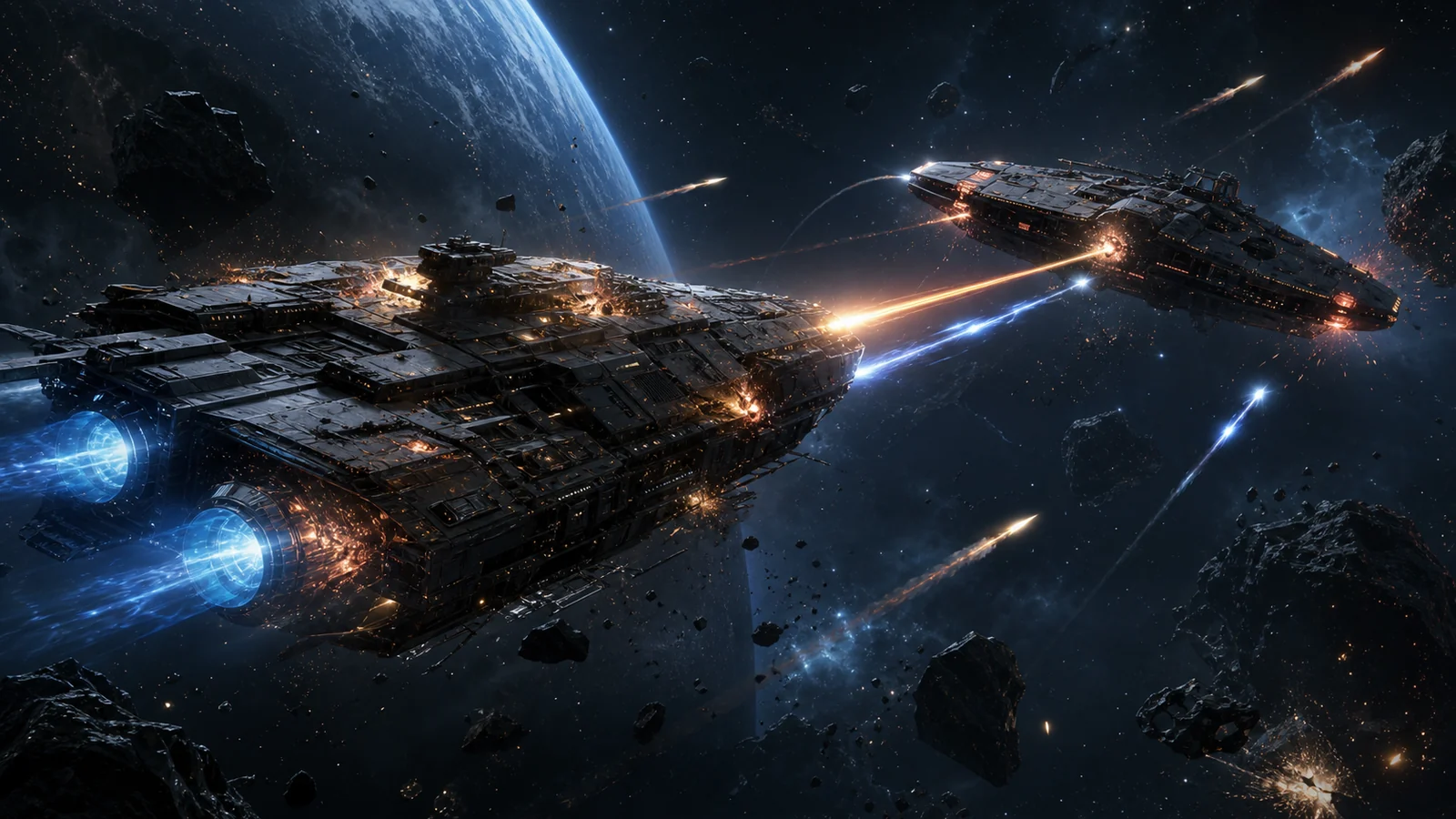 Two starships dueling in deep space with weapons fire, shields, torpedoes, and battle damage.