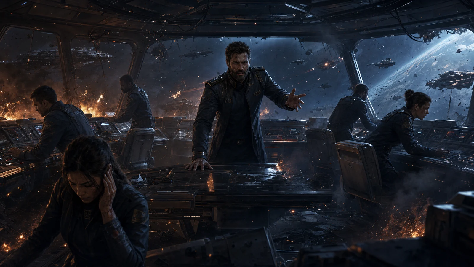 A starship captain and crew managing a damaged bridge during a high-pressure emergency.