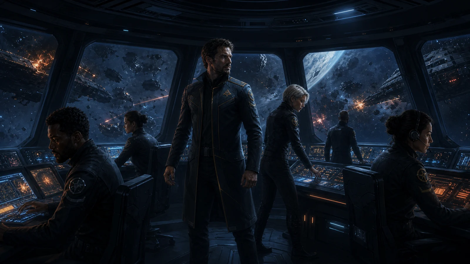 A starship bridge crew working together under pressure during a crisis.