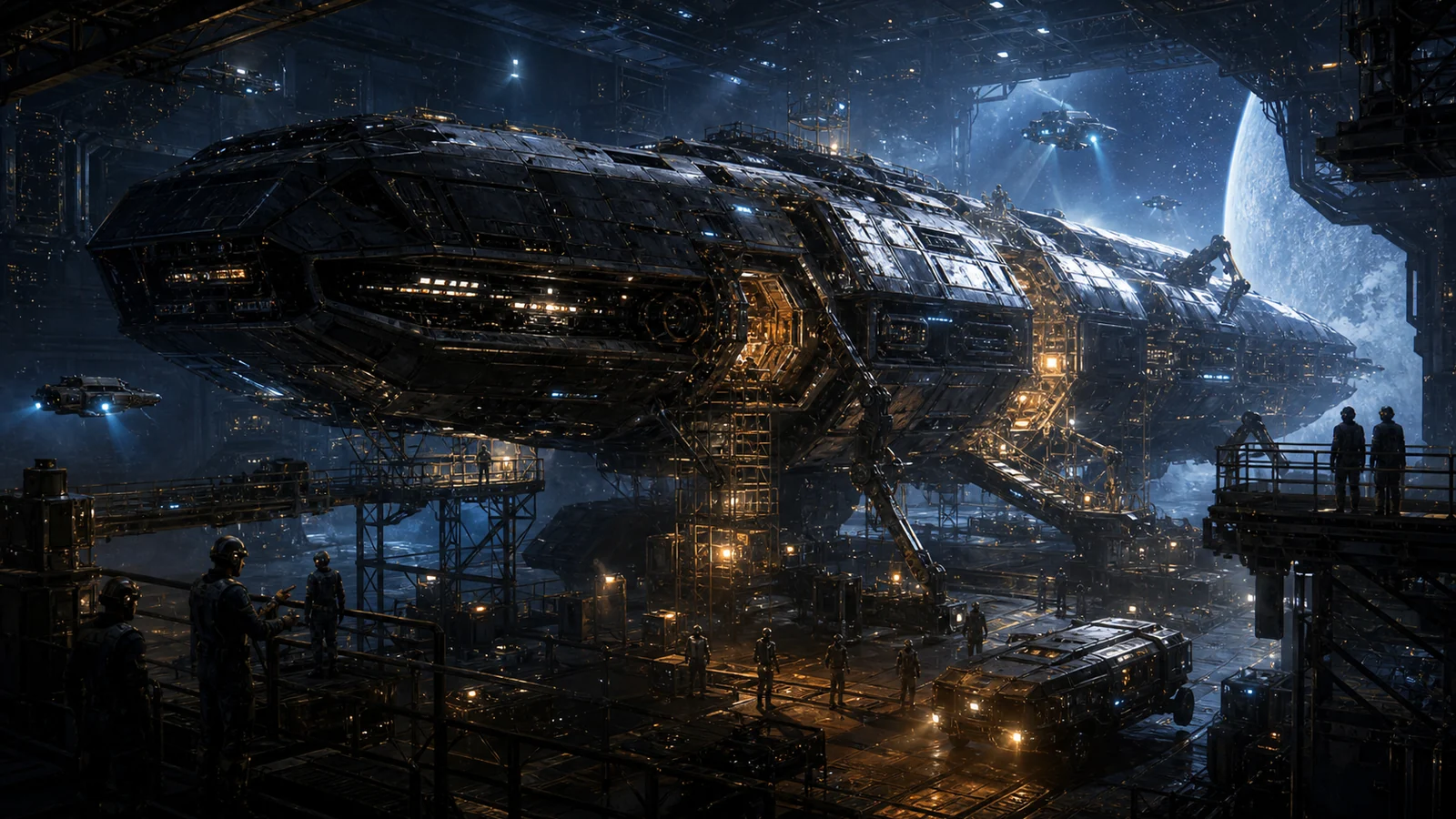 A damaged starship being repaired and prepared for launch in an orbital drydock.