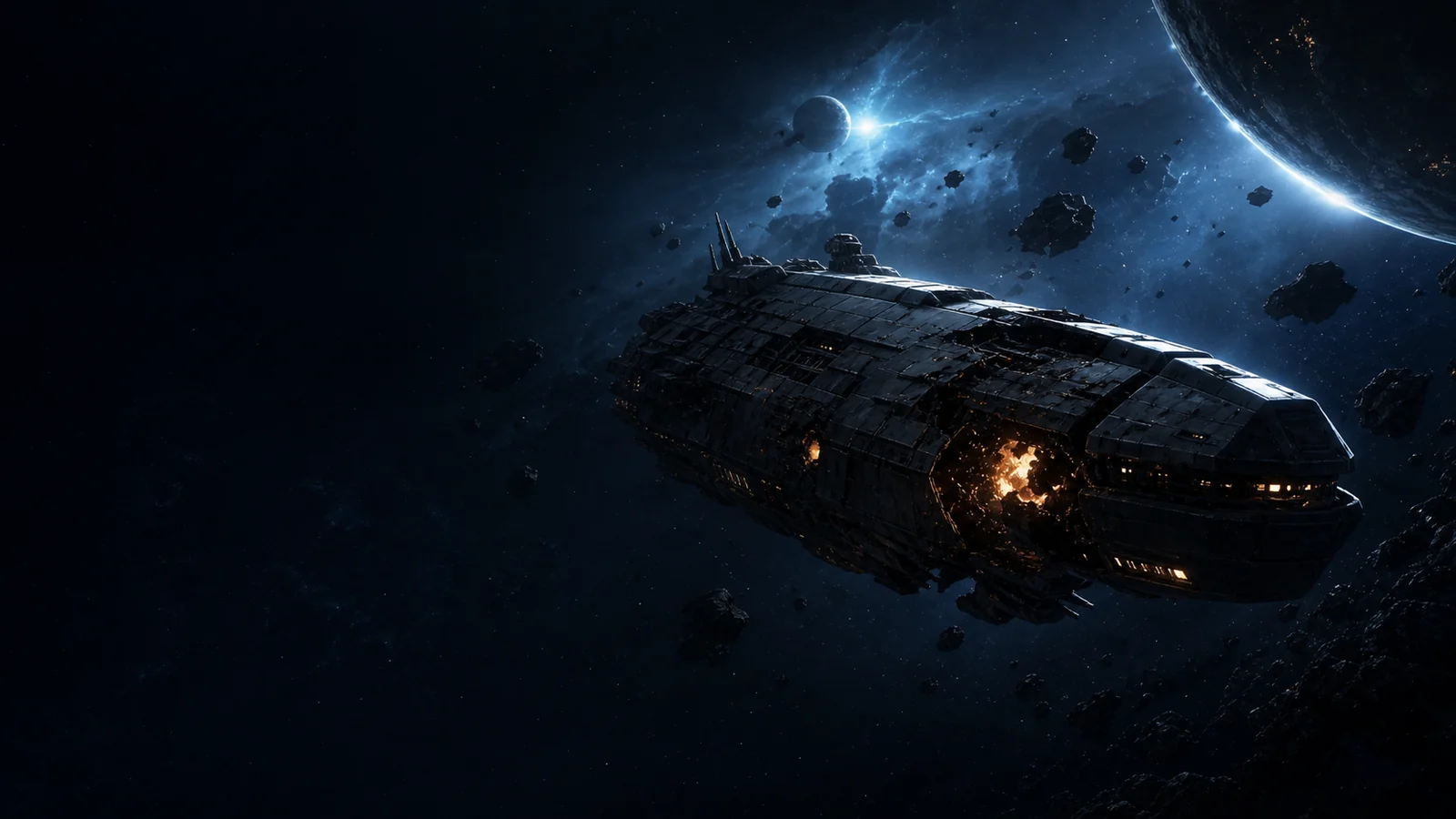 A damaged starship stranded in dangerous deep space in Project Infinite Horizons.