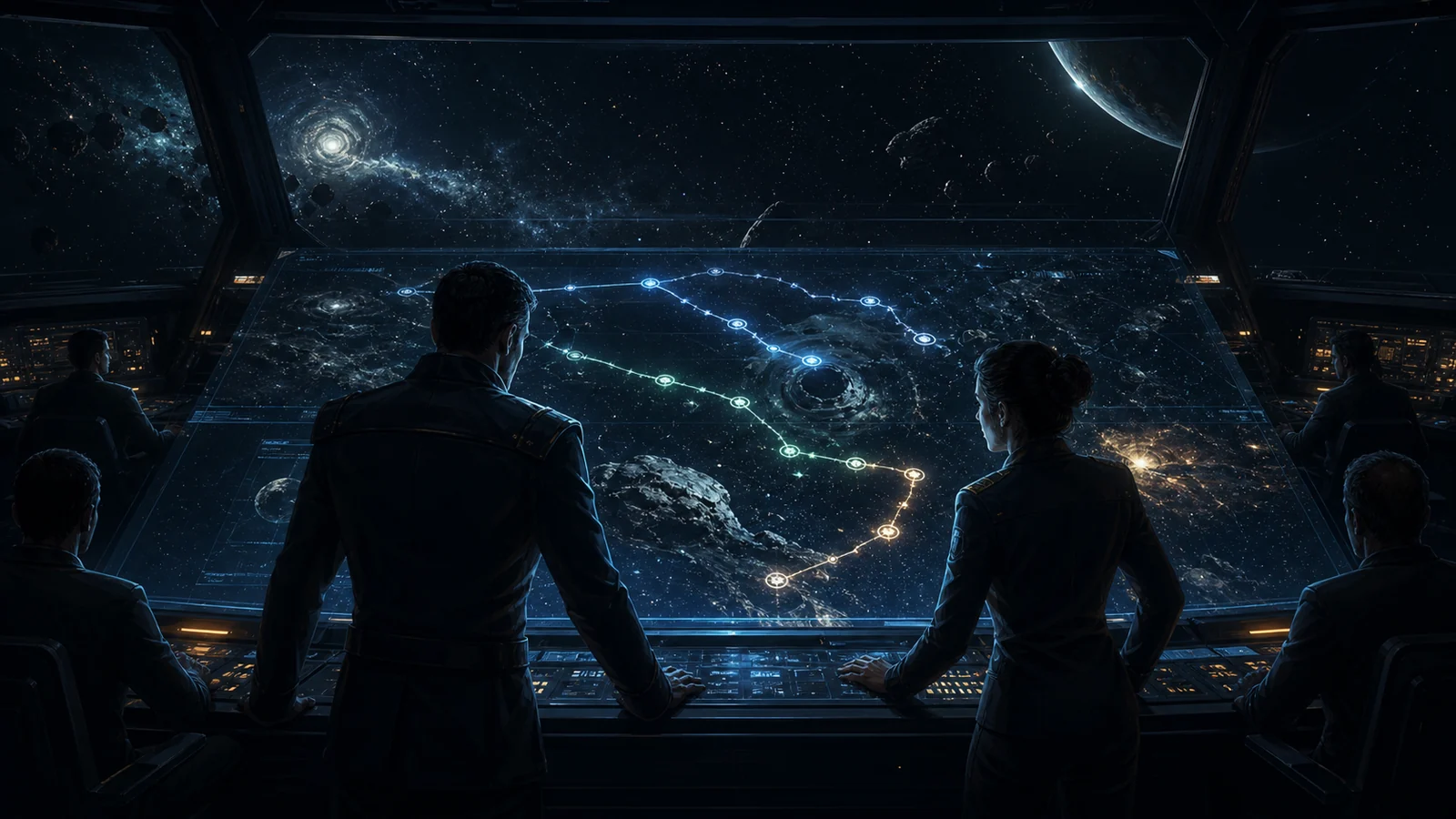 A starship captain and navigator choosing a dangerous route home from a holographic star map.