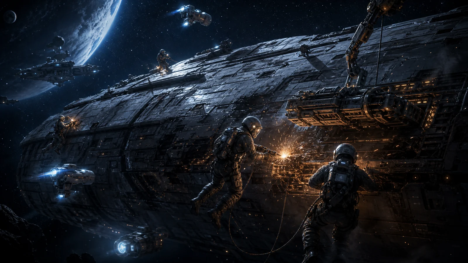 Engineering crew repairing a damaged starship hull and installing new systems in space.
