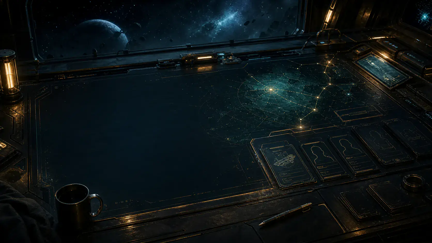 Character Sheet Studios small remote-first independent game studio based in Vancouver, British Columbia, Canada hero with a command table, character sheet interface, star map fragments, and crew dossiers.