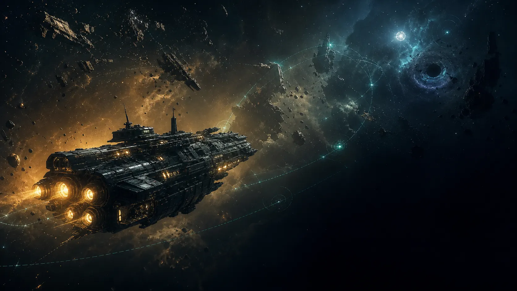 Project Infinite Horizons sci-fi roguelike deckbuilder artwork showing a damaged starship on a dangerous route home.