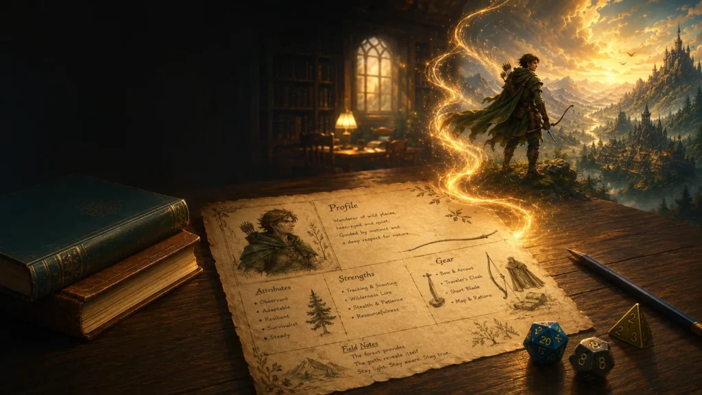 A ranger character profile on a library table begins to glow as an imagined fantasy world forms from the page.