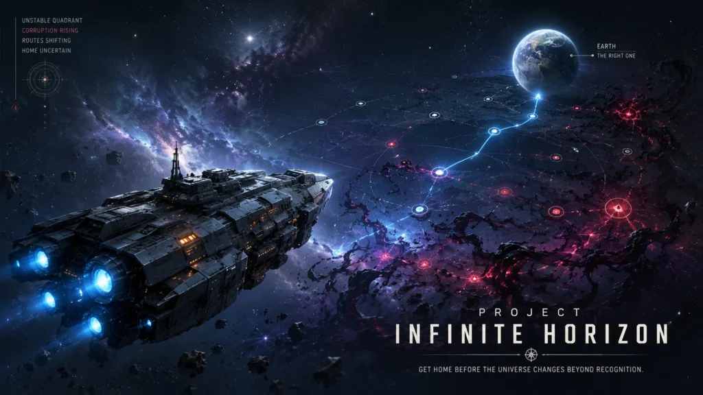 A starship follows a route through a corrupted region of deep space toward Earth in Project Infinite Horizons.